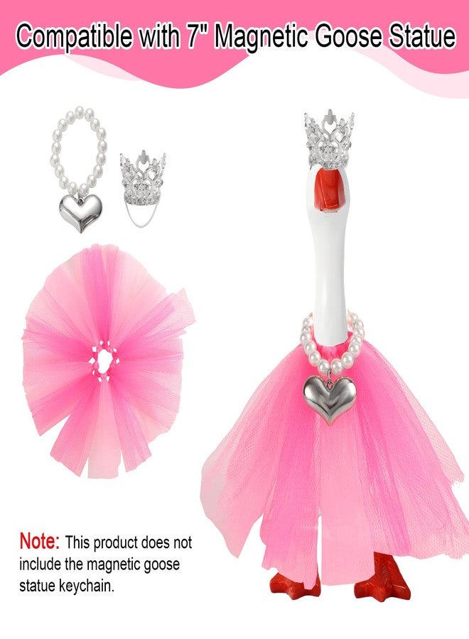 Penitue 3 Pcs Mini Desk Goose Outfit Set, Small Crown Heart Necklace & Tutu Skirt Tiny Pink Princess Costume for 7in/17.8cm Magnetic Miniature Goose Statue Keychain Decoration - Image 3